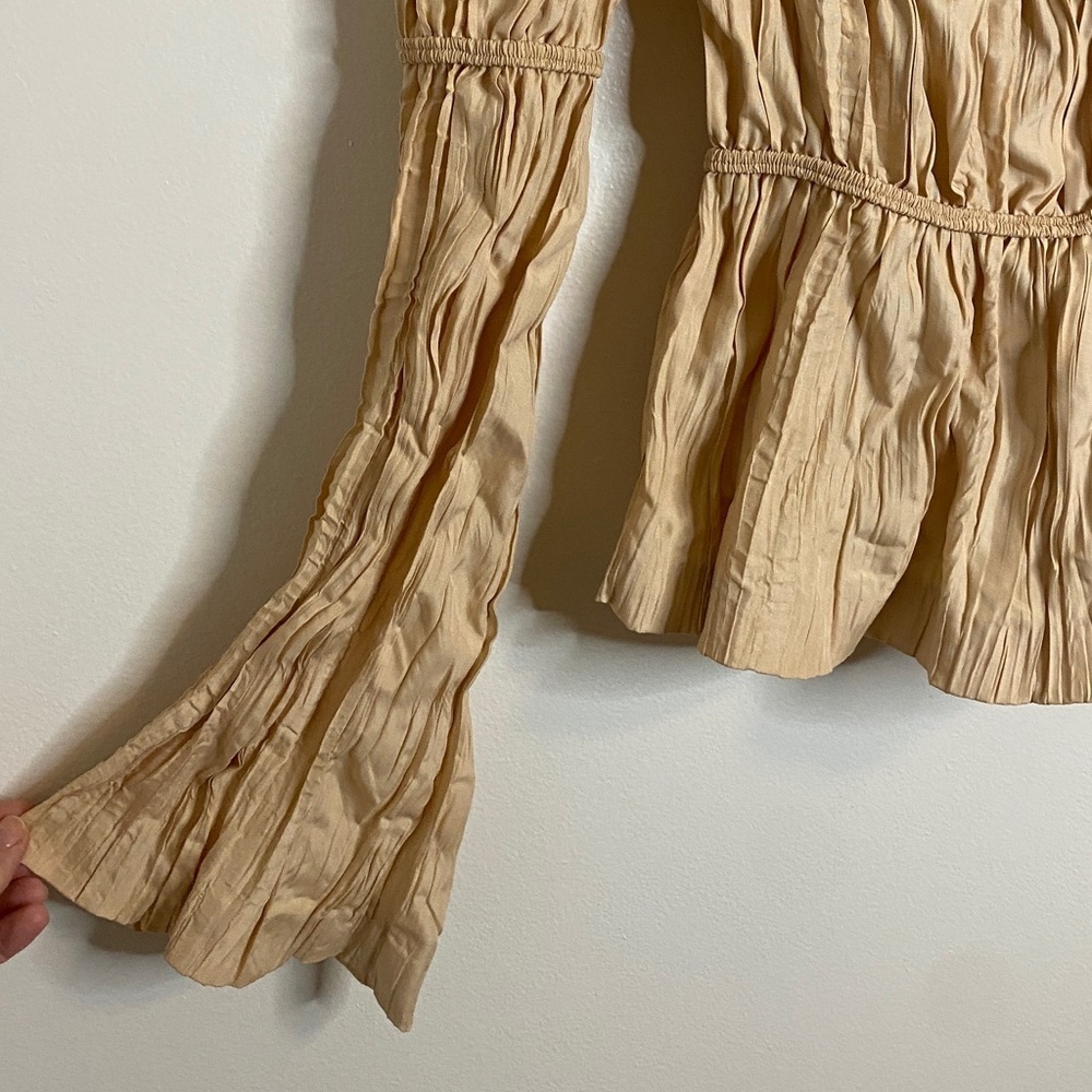 Song Of Style Ruched Off the Shoulder Top Long Sleeve Bell Sleeve Tan Size XS - Picture 4 of 8